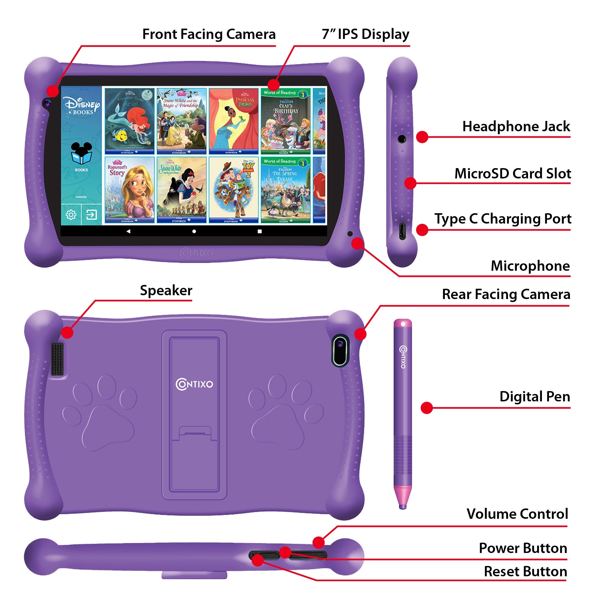 V10 7" Kids Tablet Purple Bundle