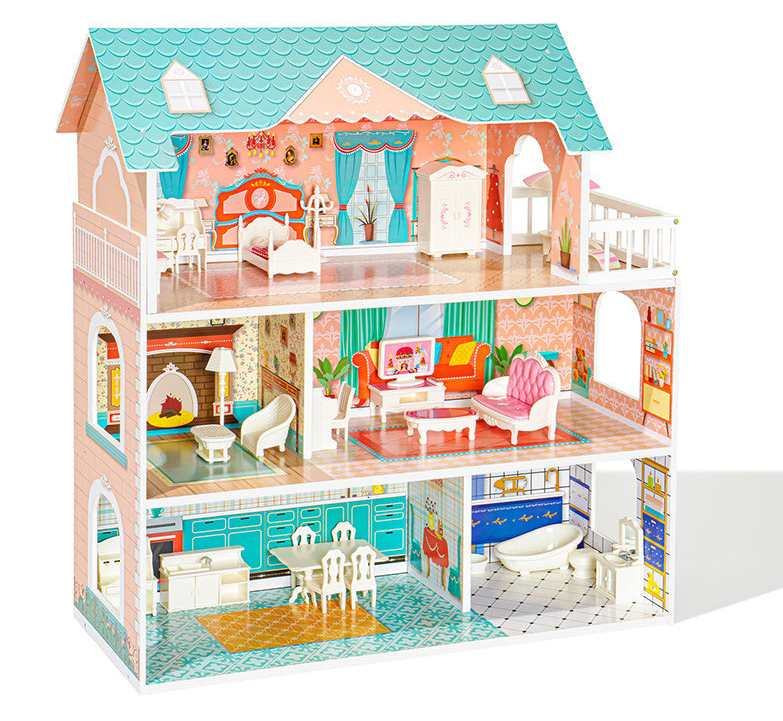 Big Wooden Dollhouse with Furniture Play Set