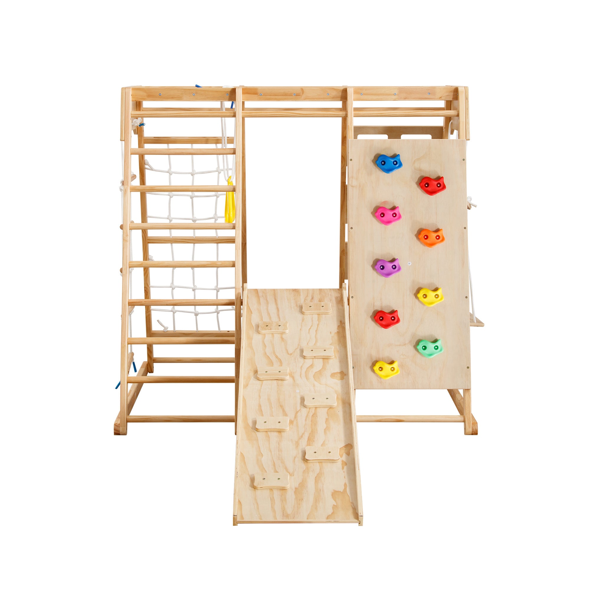 Toddler Indoor Wooden Gym 8 in 1 Indoor Playground Climbing Toy Set with Slide Swing Climbing Net Rings, Kids Indoor Playground Climbing Toys