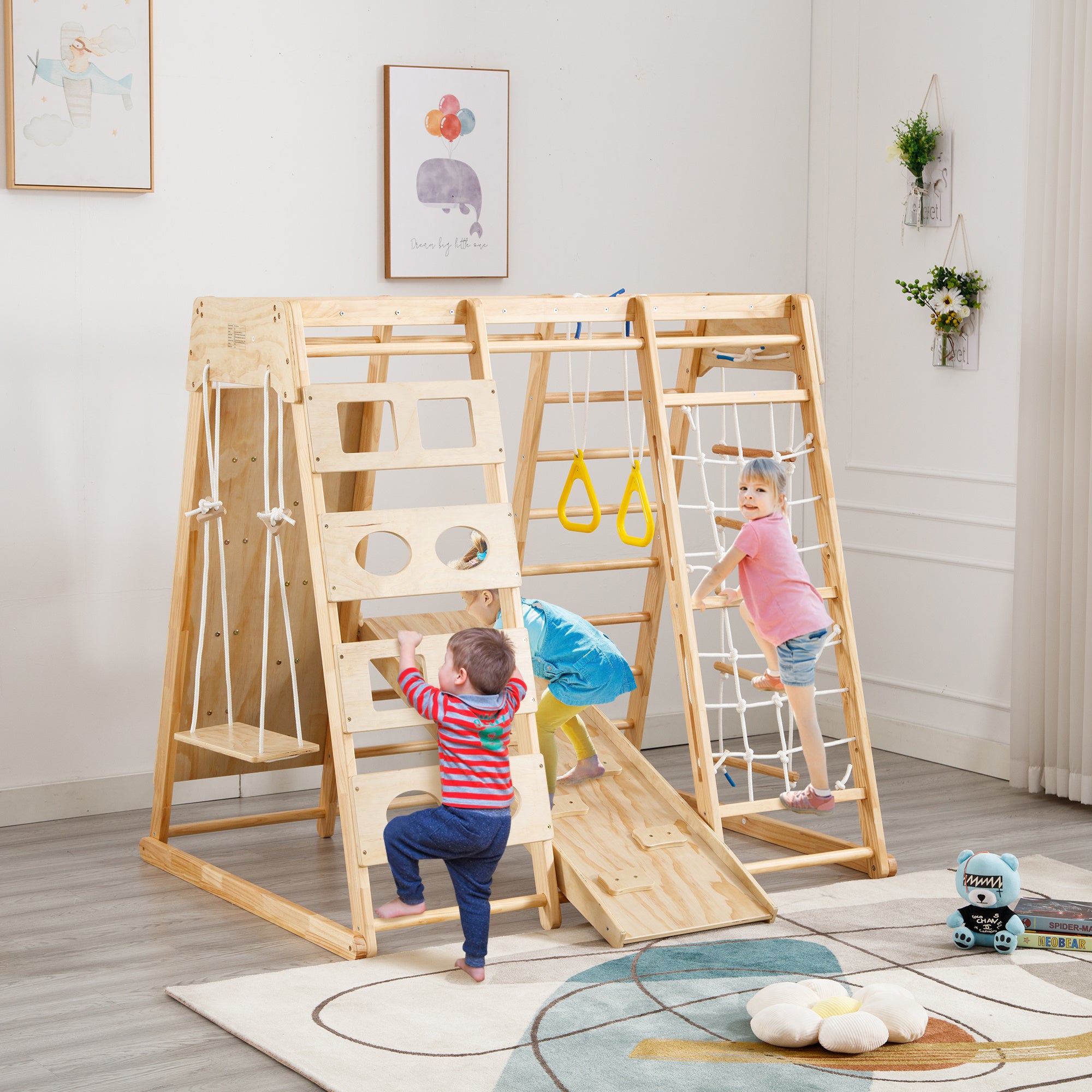 Toddler Indoor Wooden Gym 8 in 1 Indoor Playground Climbing Toy Set with Slide Swing Climbing Net Rings, Kids Indoor Playground Climbing Toys