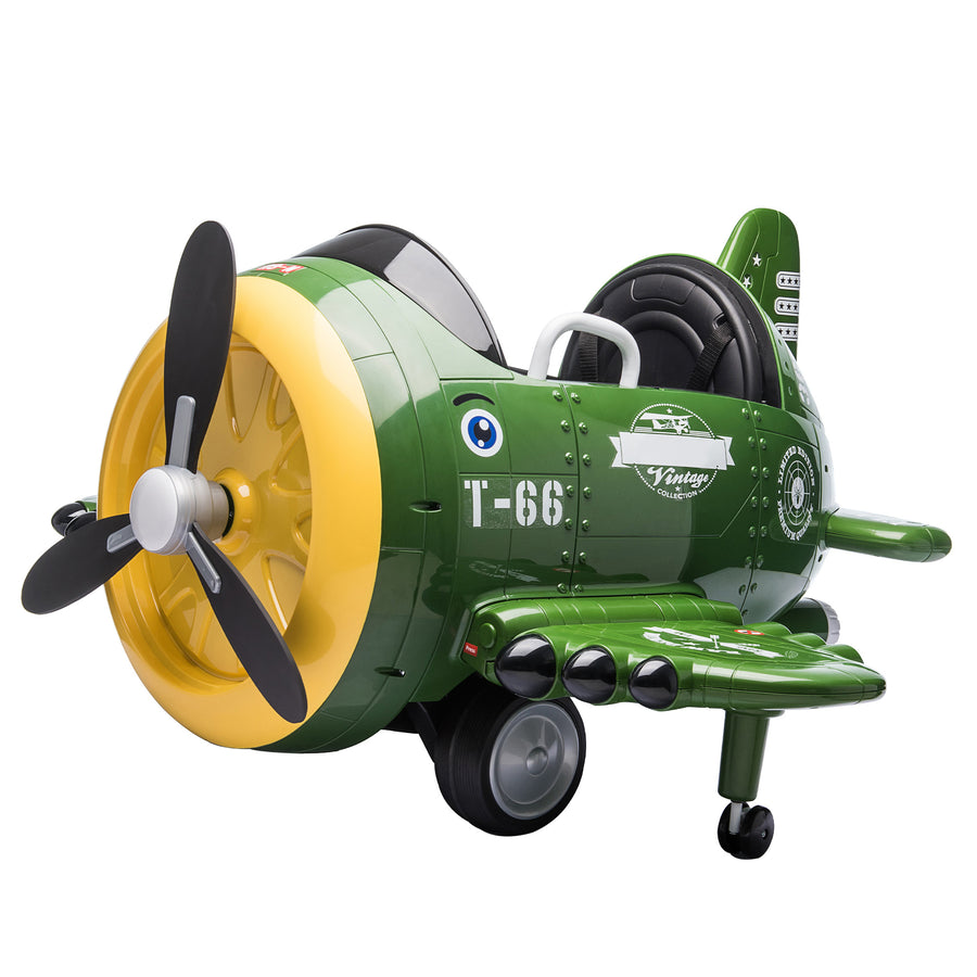 12V Electric Kids Ride on Toy Plane with USB, FM, Wind-Driven Propeller, 360-Degree Rotating by 2 Joysticks, Remote Control for Kids 3 to 6, Army Green