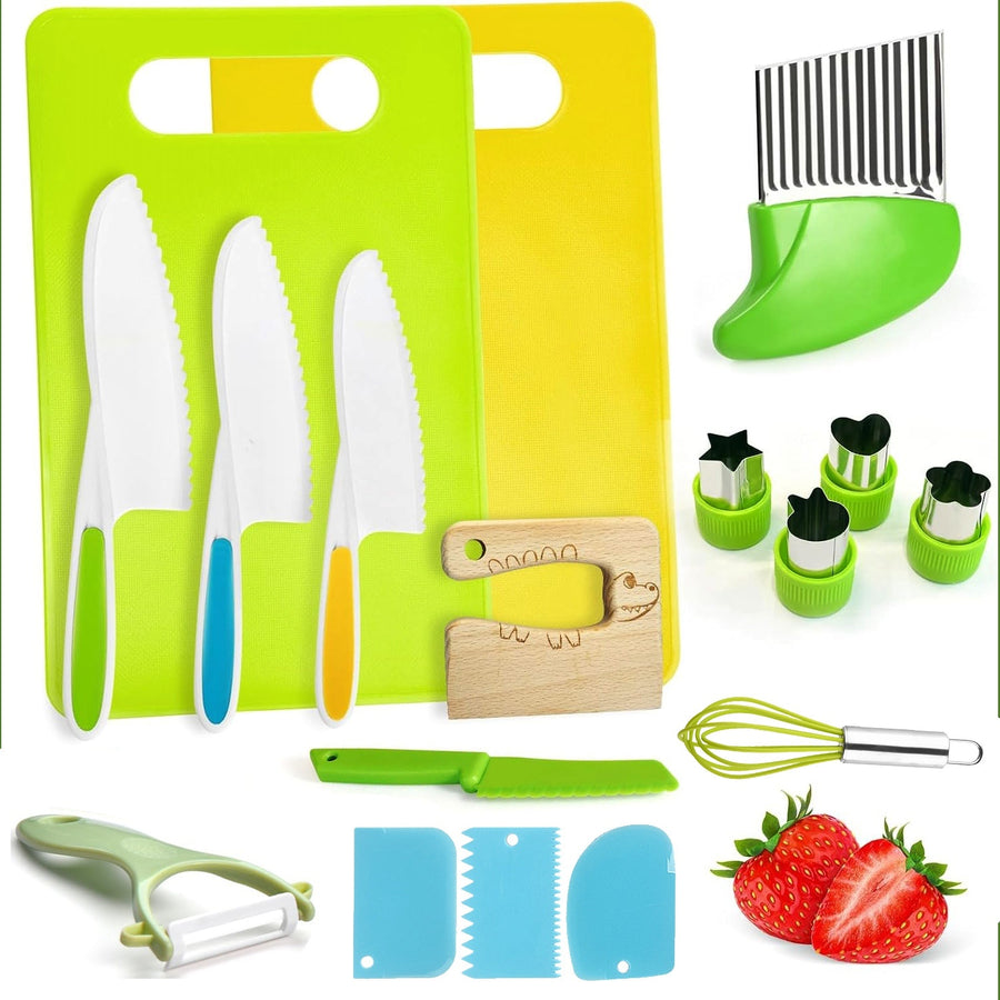 17Pcs Montessori Kitchen Tools Toddlers-Kids Cooking Sets Real-Toddler Safe Knives Set Kitchen Cookware Baking Toy Sets Educational Gift 3-12 Years Old Toddlers Kids Boys Girls