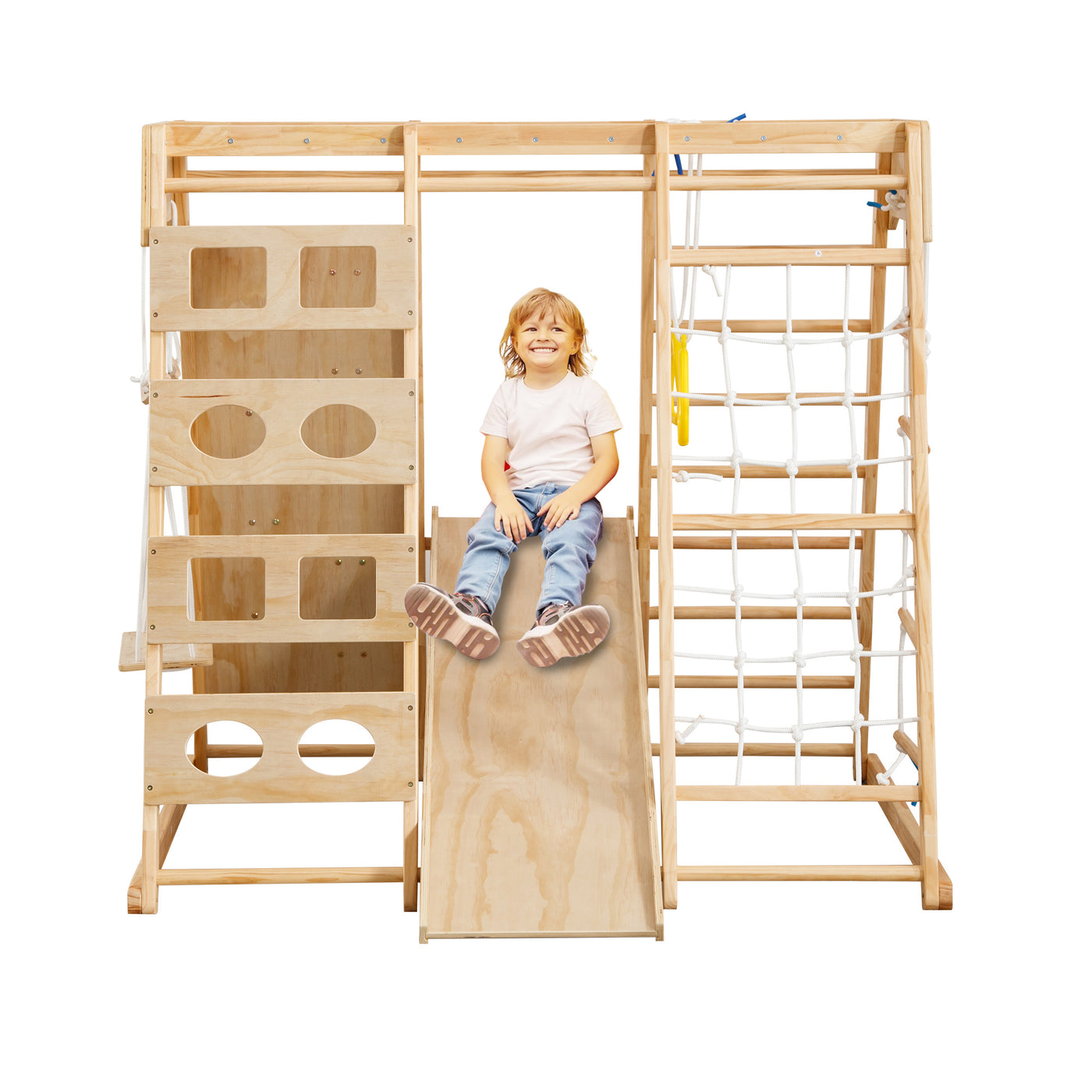 Toddler Indoor Wooden Gym 8 in 1 Indoor Playground Climbing Toy Set with Slide Swing Climbing Net Rings, Kids Indoor Playground Climbing Toys