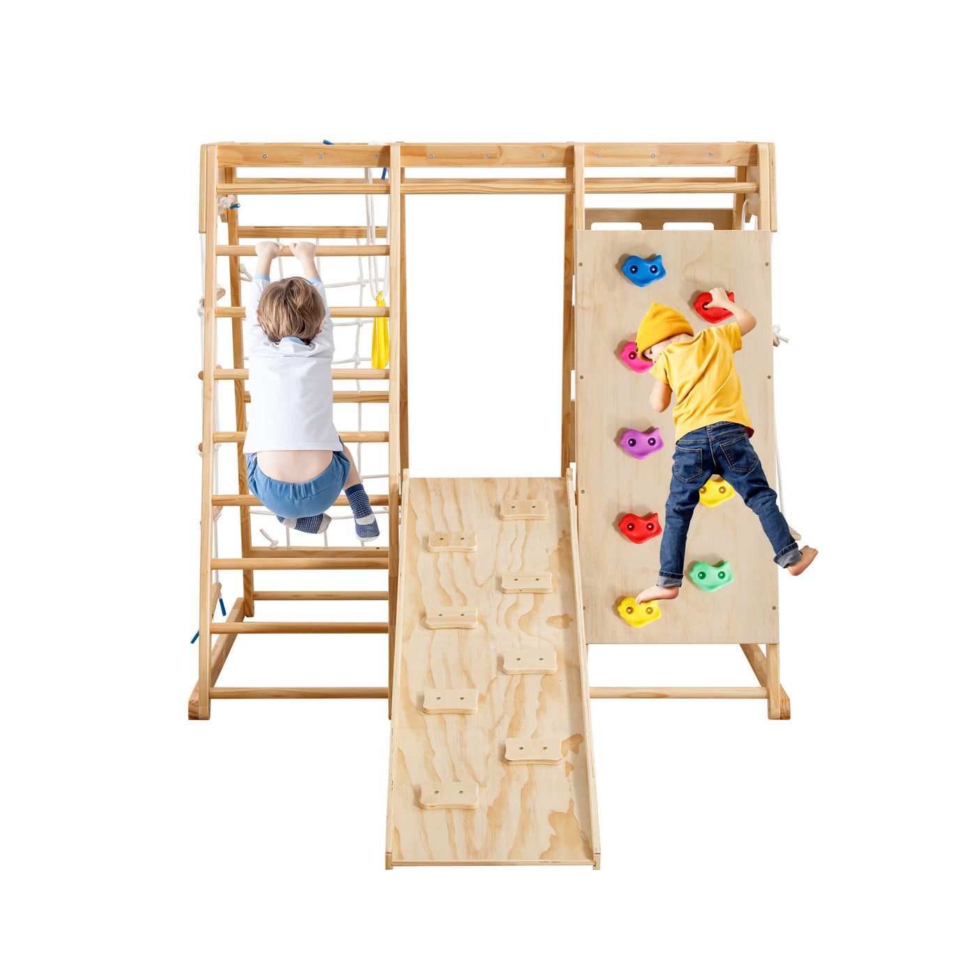 Toddler Indoor Wooden Gym 8 in 1 Indoor Playground Climbing Toy Set with Slide Swing Climbing Net Rings, Kids Indoor Playground Climbing Toys