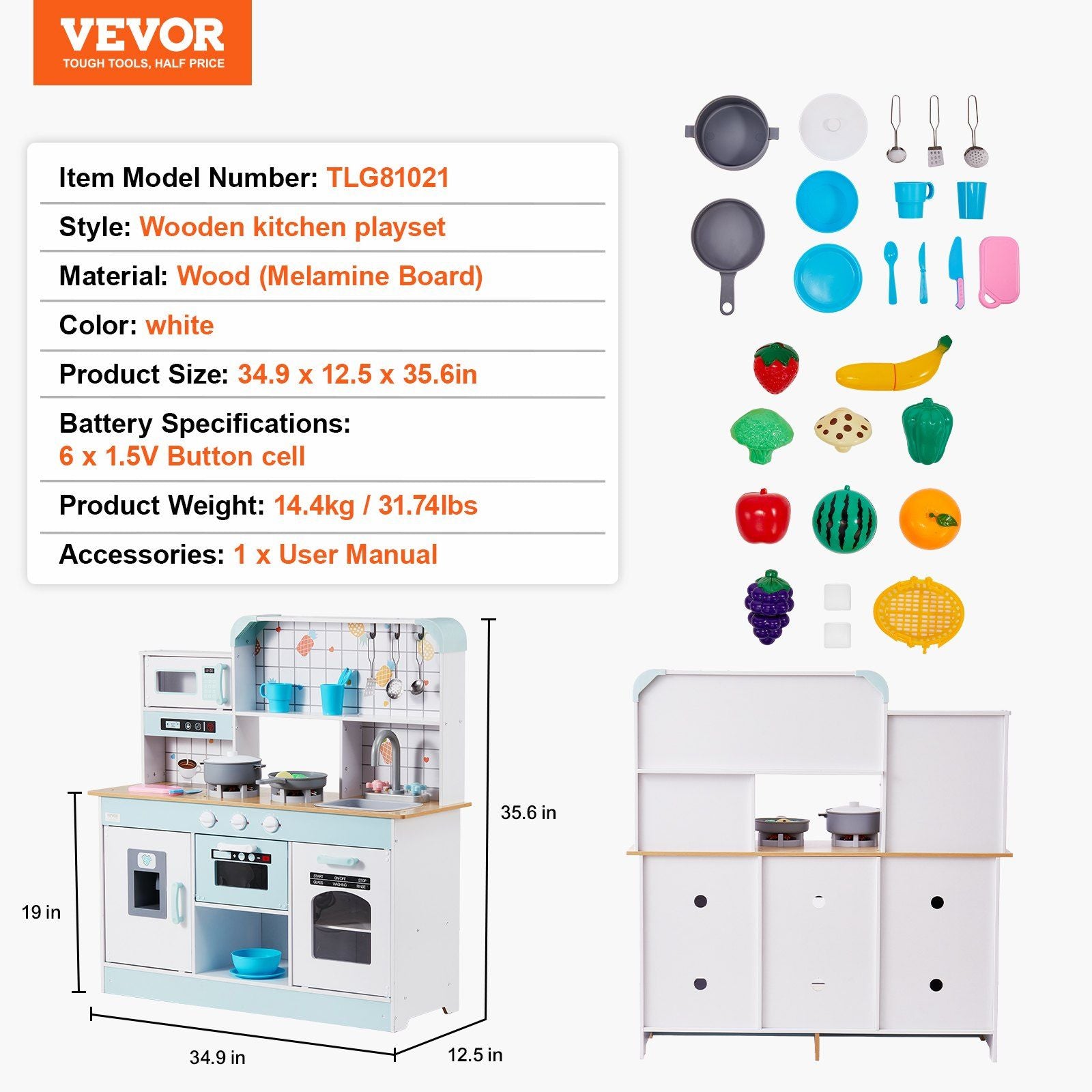 Christmas Gift! VEVOR Kitchen Playset Kids Pretend Cooking Play Toy 24 Piece Accessories White