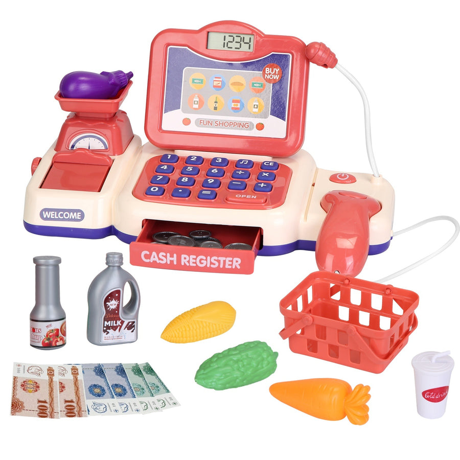 Kids Cash Register Pretend Play Cashier Toy with Scanner Calculator Credit Card Money Grocery Products Educational Toy Gift for Kids Aged 3 4 5 6 Years Old