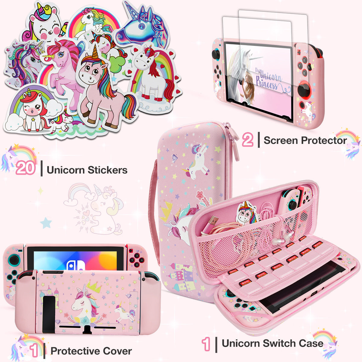 Pink Unicorn Carrying Case Compatible with Nintendo Switch