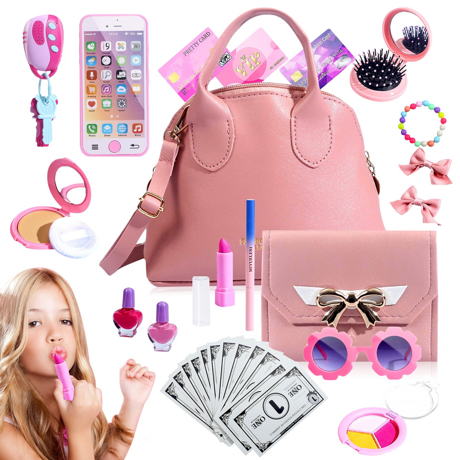 Pretend Play Girl Toys for 3 4 5 6 7 8 Years Old, Toddler Play Purse Set with Handbag, Makeup Kit, Wallet Phones Sunglasses Keys Credit Cards, Kids Toy Purse Gifts, 31 Pieces