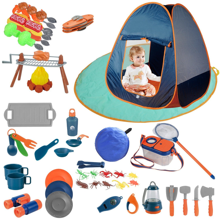 56Pcs Kids Camping Toy Set With Playtent Pretend Oil Lamp Telescope Bonfire Compass