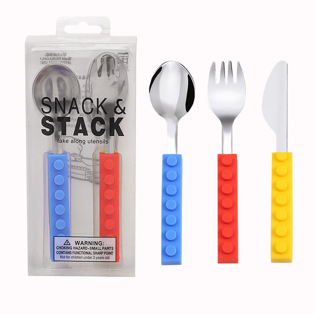 Kids'  3Pcs Flatware with Brick Toy Silicone Handle Childrens Stainless Steel Silverware