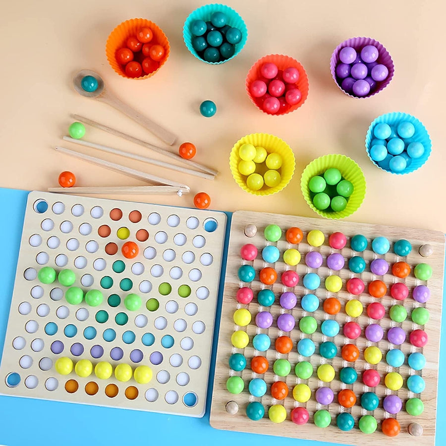 4 in 1 Wooden Board Bead Game; Montessori Rainbow Puzzle Sorting Stacking Toy 3+