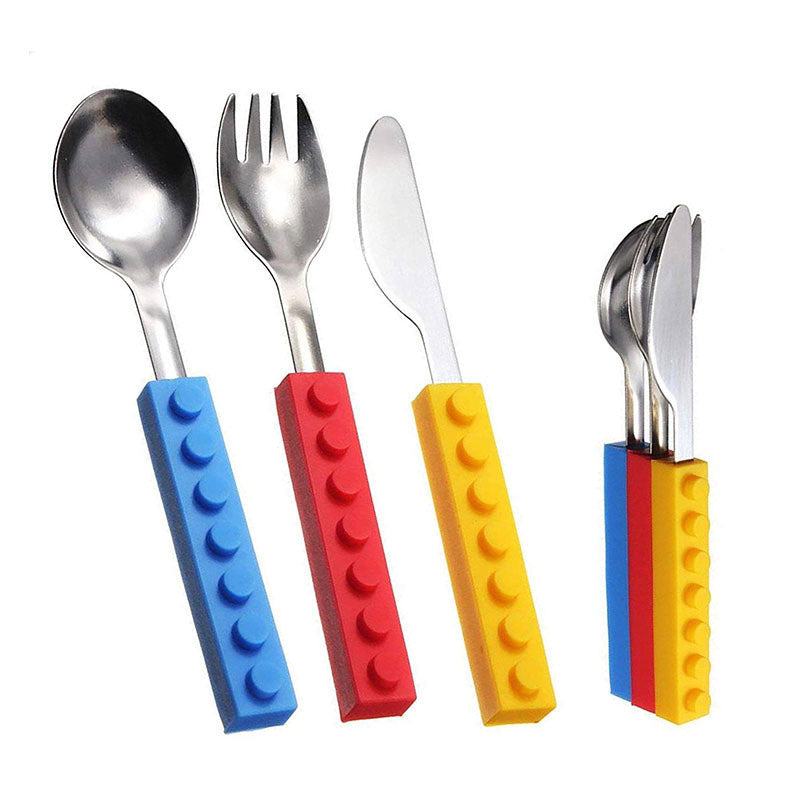 Kids'  3Pcs Flatware with Brick Toy Silicone Handle Childrens Stainless Steel Silverware