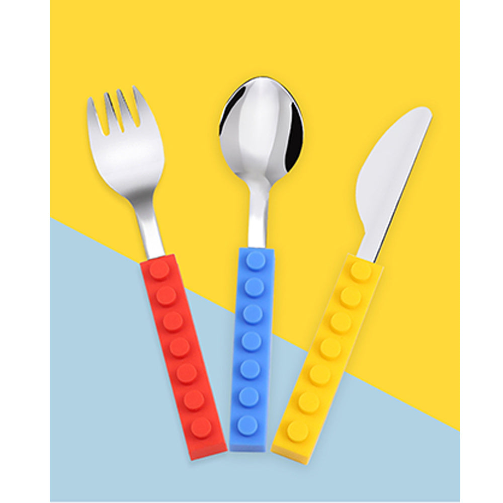 Kids'  3Pcs Flatware with Brick Toy Silicone Handle Childrens Stainless Steel Silverware