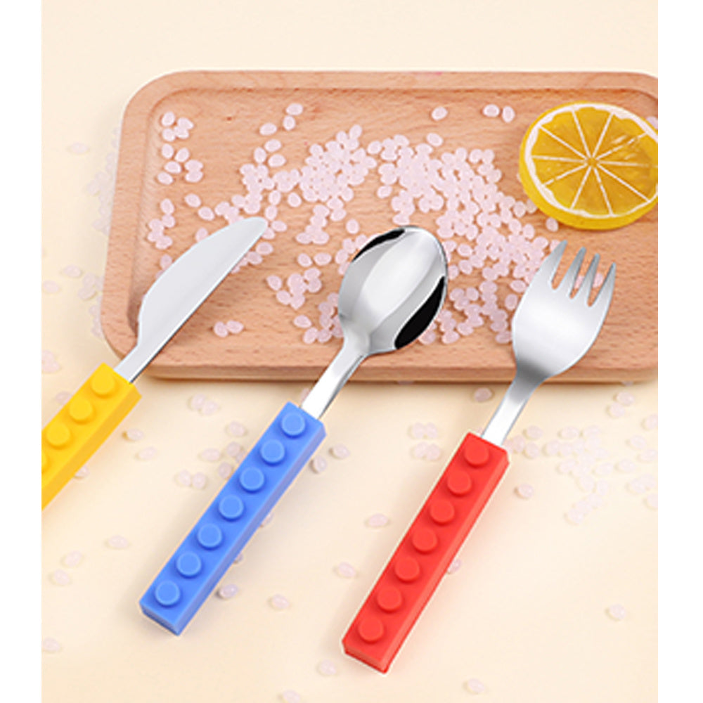 Kids'  3Pcs Flatware with Brick Toy Silicone Handle Childrens Stainless Steel Silverware