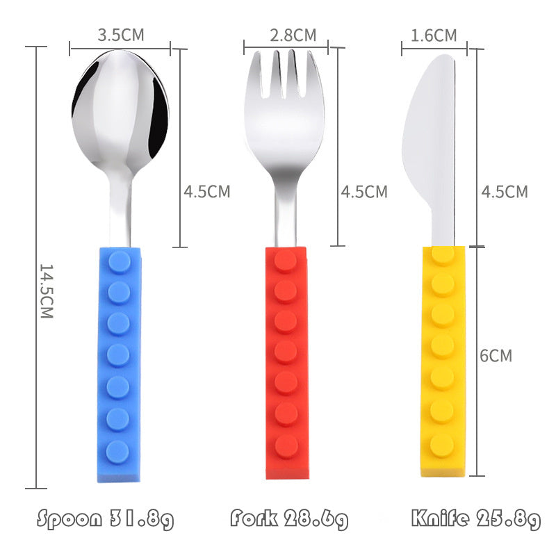 Kids'  3Pcs Flatware with Brick Toy Silicone Handle Childrens Stainless Steel Silverware