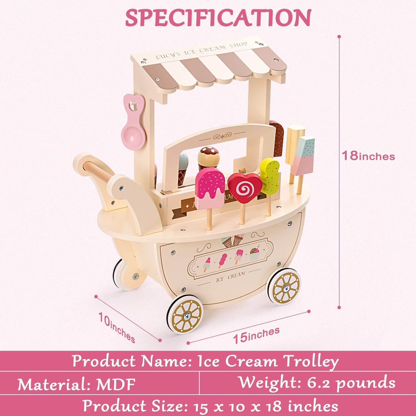 Ice Cream Cart for Kids Ice Cream Truck Toys for Kids Wooden Playset Toy Candy Cart Trolley Truck Pretend Play for Toddlers