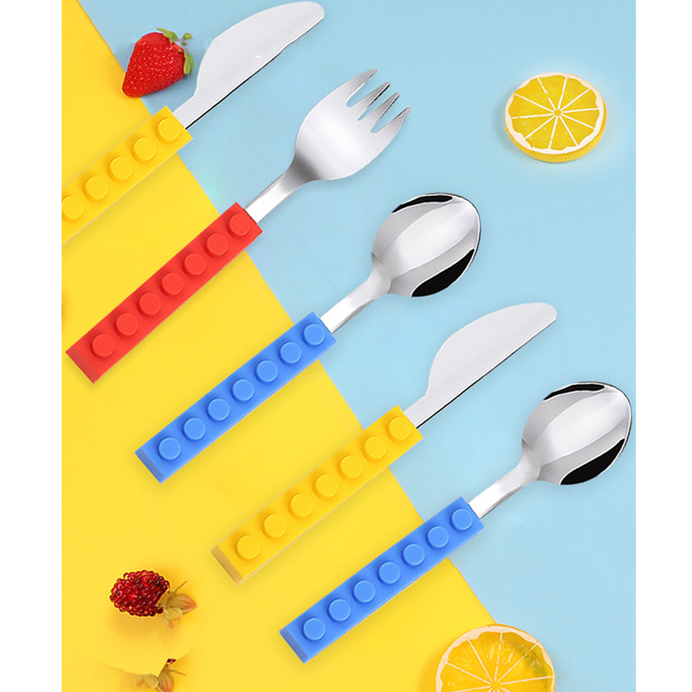 Kids'  3Pcs Flatware with Brick Toy Silicone Handle Childrens Stainless Steel Silverware