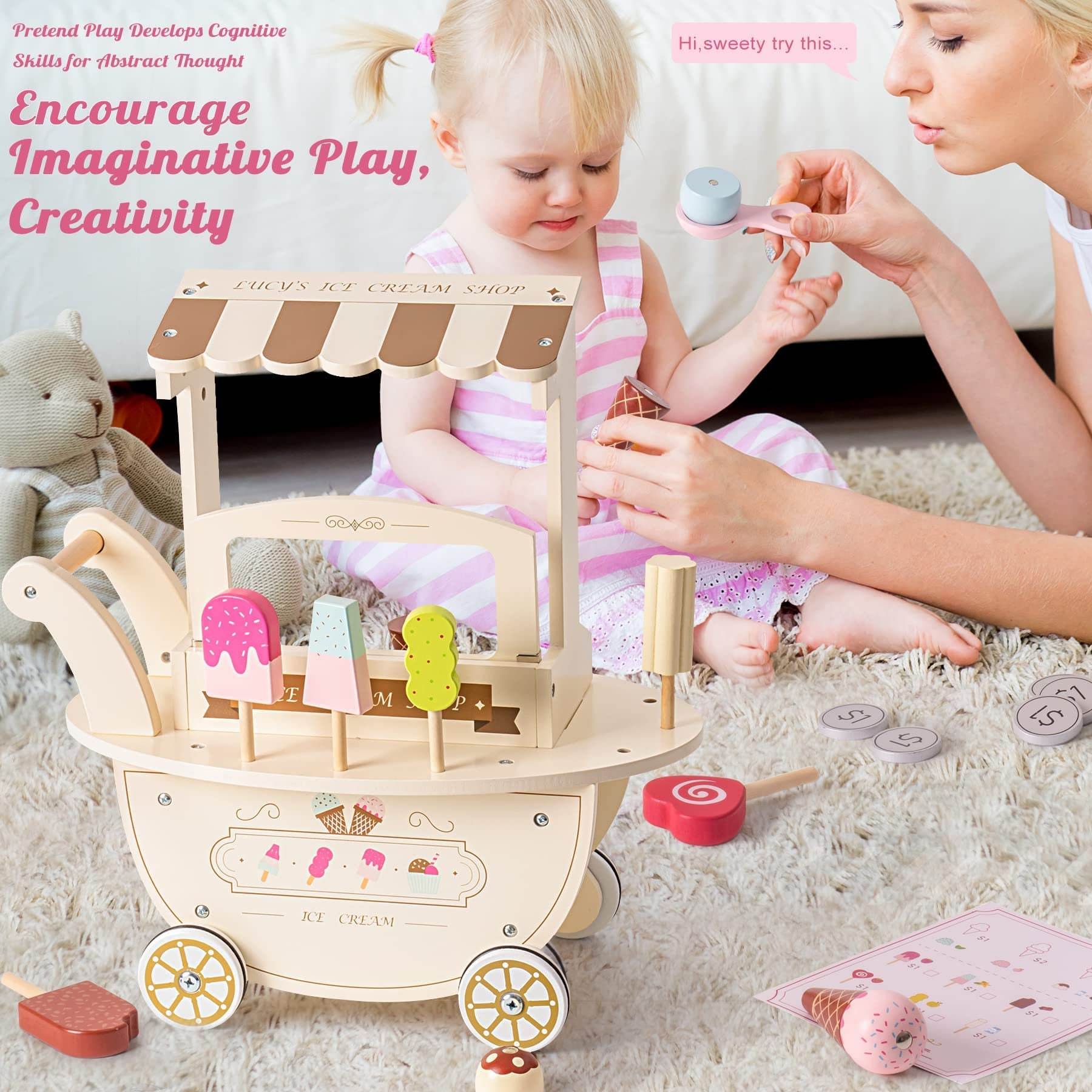 Ice Cream Cart for Kids Ice Cream Truck Toys for Kids Wooden Playset Toy Candy Cart Trolley Truck Pretend Play for Toddlers