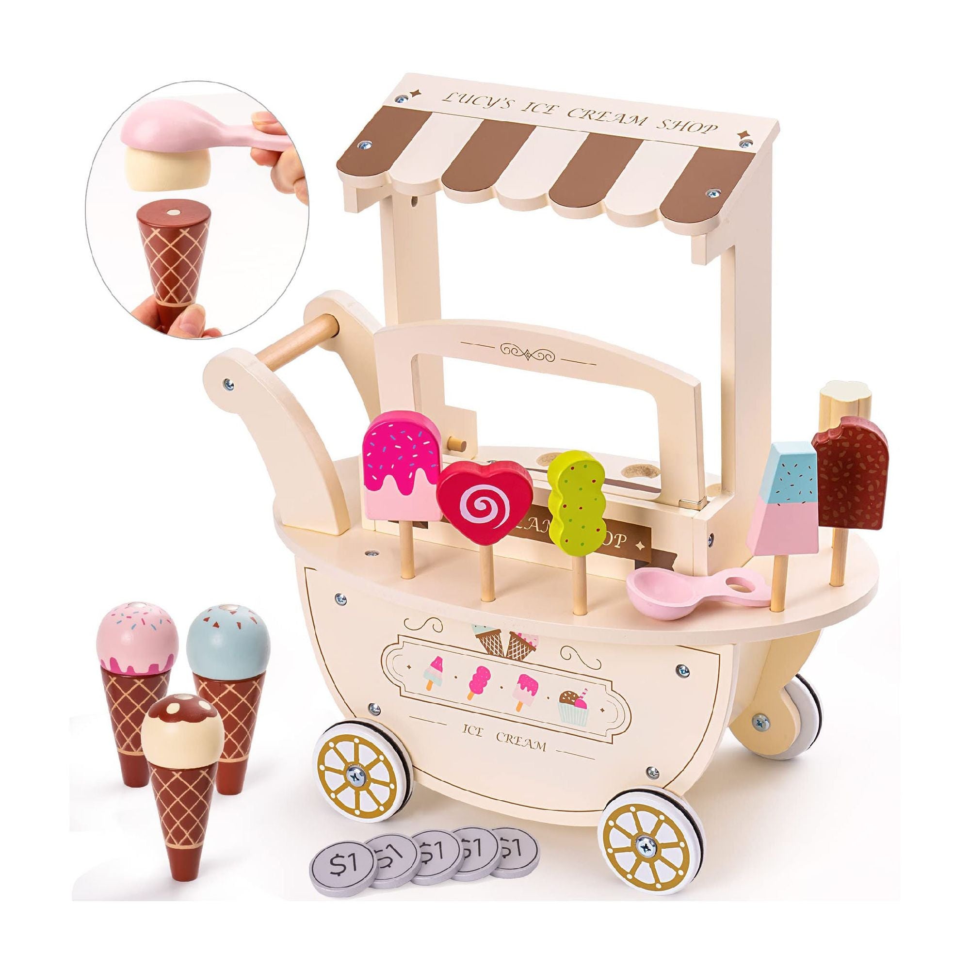 Ice Cream Cart for Kids Ice Cream Truck Toys for Kids Wooden Playset Toy Candy Cart Trolley Truck Pretend Play for Toddlers